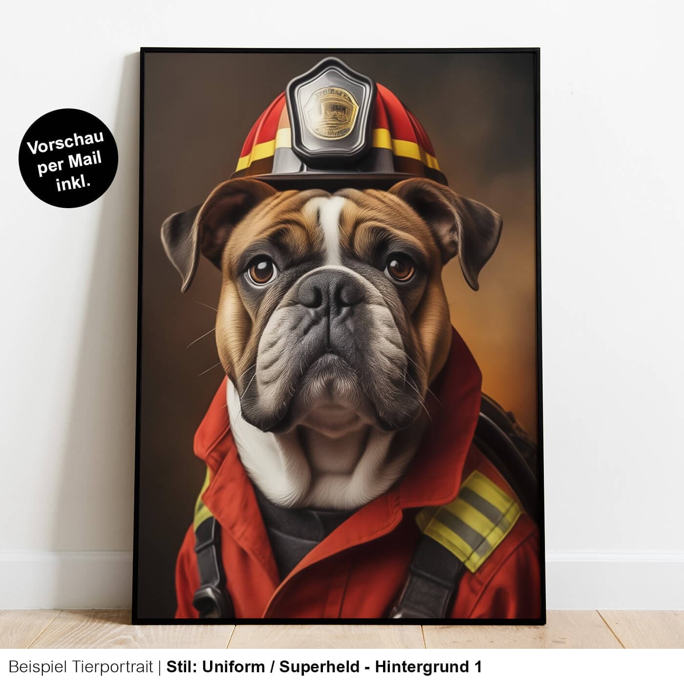 Hundeportrait Feuerwehrmann Kostüm